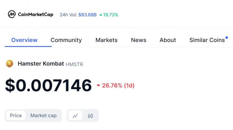 ¿Cuánto cuesta la moneda Hamster? El día de la cotización, dan alrededor de 0,7 centavos por 1 $HMSTR. Fuente: coinmarketcap.com. Foto.